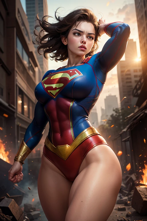 Two girls. Masterpiece. Two busty babes. Gloomy city, night, dim lights, under pouring rain. On sryscrapers roof tops, two busty babes are posing, hands on hips, soaking wet. First, Supergirl in her signature blue and red outfit with a red  cape. Second, Power Girl in her signature white outfit with a cutout on the chest, also with her red cape. Two girls together. HD. High quality.