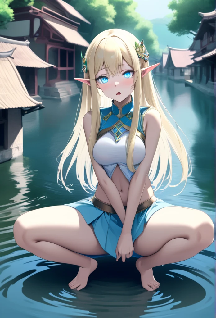 1 girl, elf, blonde hair, Blue eyes, Half-closed eyes, swamp, dirt, pelvic curtain, fantasy, in a swimsuit,
Light particles,, Masterpiece, Best quality, very detailed
