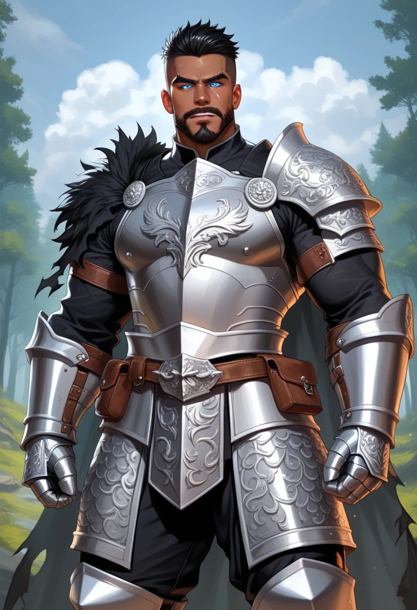 illustration of a male knight wearing extremely reflective armor, shiny metal, intricate armor design, ((african man:1.2)), dark-skinned male, black hair, silver sword, medieval castle, medieval fantasy, sunrise, outskirts, fighting stance, cape, muscular, large pectorals, puffy nipples, flaccid penis, best quality, masterpiece, extremely detailed, intricate details