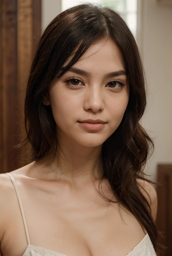 photo of a girl,  jkt48 uniform, solo focus, hand on hips, posing for a photo, (detailed face), melodyjkt48, sexy outfit, tank top, underwear, nude, no clothes, top less