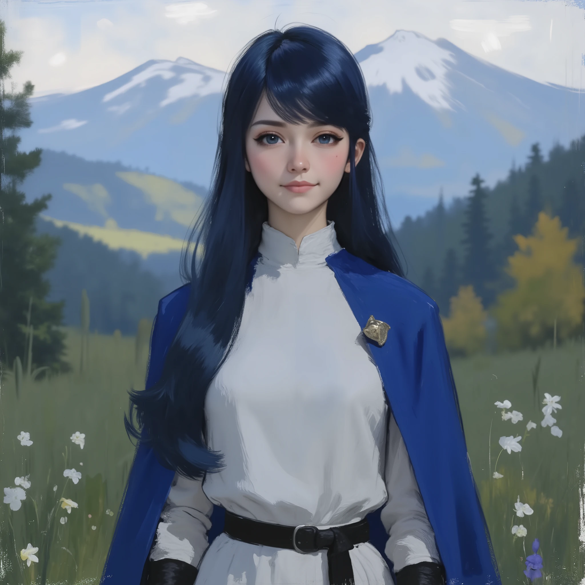 A very beautiful 22 year old a lady paladin warrior, beautifully detailed eyes, (((DeepSkyBlue eyes: 1.5))), (beautiful and detailed candy pink lips, thin lips, slight shy smile), (((long DeepSkyBlue hair))), shiny hair, his left hand rests on her waist, ((full body view, dynamic pose, standing: 1.5)), (graceful pose), (((white long-sleeved medieval shirt, short white skirt, Starfleet bright Blue cape, black belt, black paladin gloves))), (((Masterpiece, high quality, UHD, 8k, 16k))), sharp focus, no blur, film grain, dynamic angle, wide angle, panoramic, stunning image, epic landscape, soft lighting, cinematic lighting, top quality, (Best Quality), vibrant, colorful. Spring forest background, 1mountain in the background, blurred background, (depth of field), bokeh.