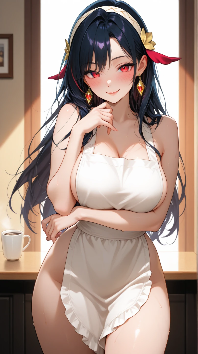masterpiece, yor, 1girl, Amazing Cleavage:1.3, thin waist, big ass, Raised sexy, medium breast: 1.8 posed cleavage:1.2、solo, looking at viewer, open mouth, have a cup of coffee,black hair, red eyes, dress, bare shoulders, jewelry, collarbone, sidelocks, hairband, earrings, indoors, off shoulder, :o, sweater, arms behind back, plant, short hair with long locks, white hairband, off-shoulder dress, sweater dress, off-shoulder sweater, red sweater, big side hair, very long side hair,is rendered in (masterpiece: 1.2, best quality), with (ultra high resolution) and an exquisite (depth of field). This masterpiece is not only visually stunning but also tells, make of cake cooking ,in the kitchen