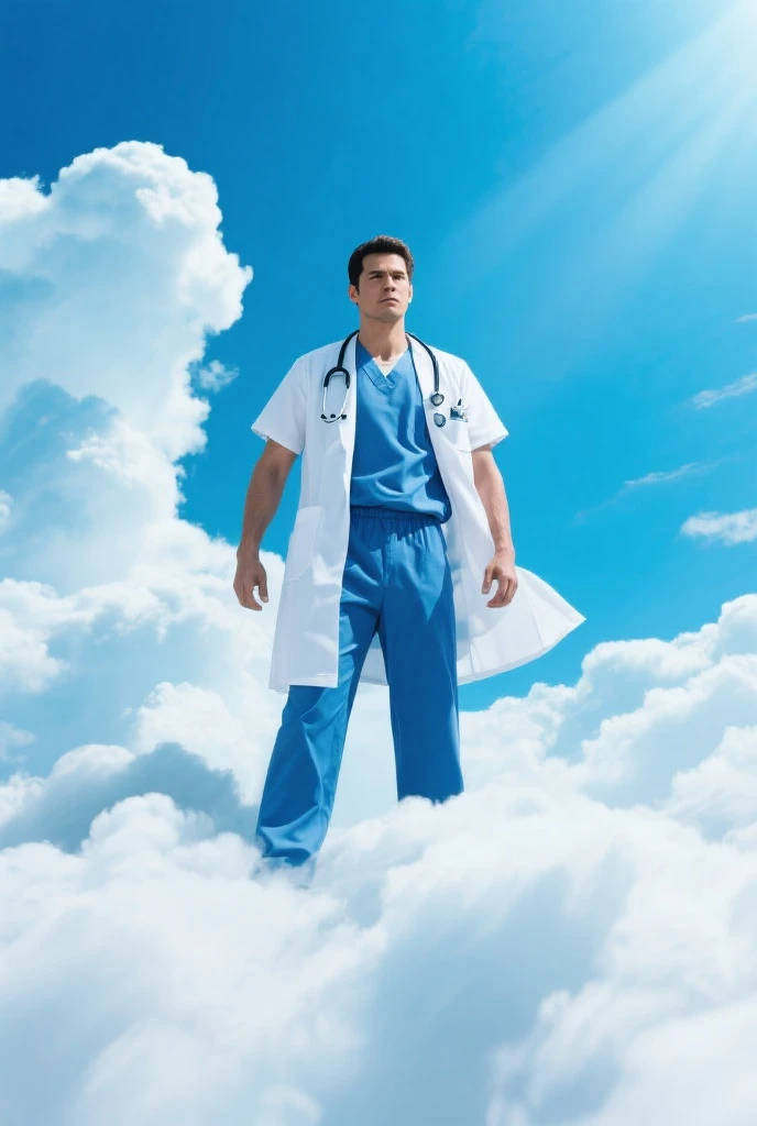 Create me a young doctor walking in the sky