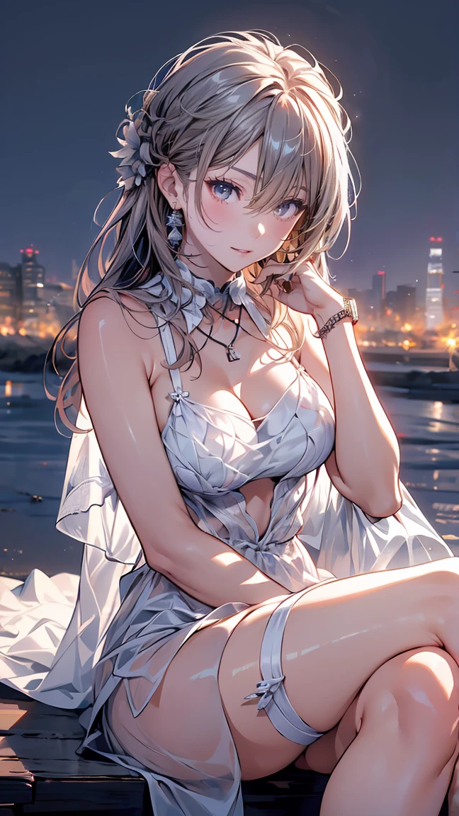 masterpiece, Highest quality, High Resolution, HS1,blush、smile,NSFW、Balcony、Hide your chest、See-through white underwear、Cover your crotch with your hands、Big Breasts、Twin tails,rain、priest clothes