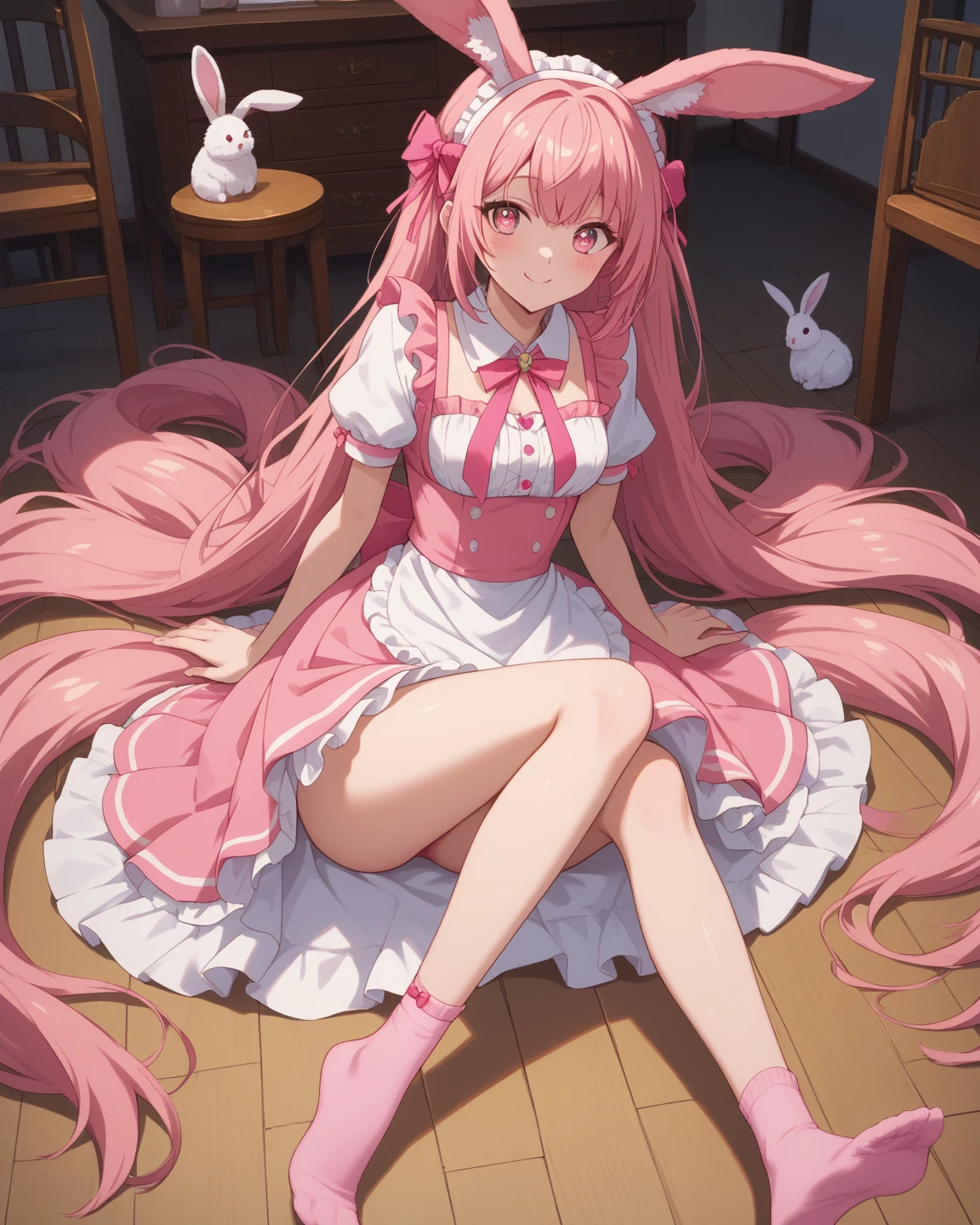 masterpiece, absurdres, highres, official art,  1girl, halo, angel, pink hair, mika_misono:1.24,  very long hair, cute,  kawaii,  yellow eyes, wide-eyed, indoors, reflective floor,  white thighhighs,