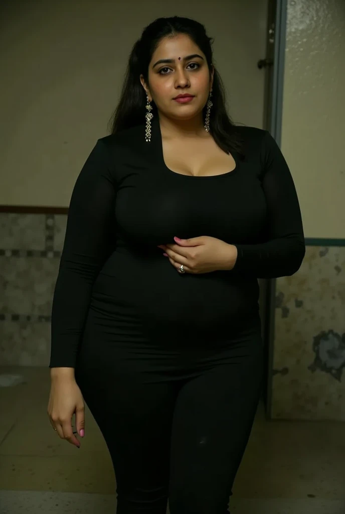 latina woman, tight black dress, very fat legs, wide hips, round chubby belly, jiggly fat, muffintop, thick thighs, face like Dua Lipa, huge legs, full body shot, selfie in mirror, body like plus size model, fat instagram model pose, out of focus background, chubby arms