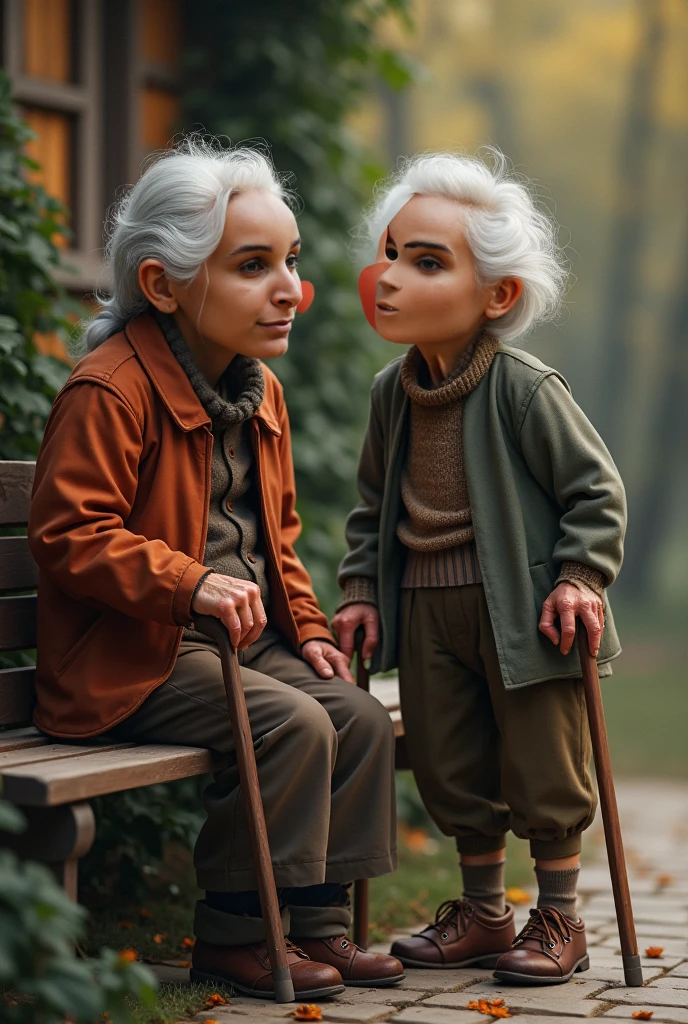 Generate an image showing old lady and Little child seat on banch and they both are clearing they goggles lens and from old ladys goggles she see the world with greenary and from little child see the world with no tree