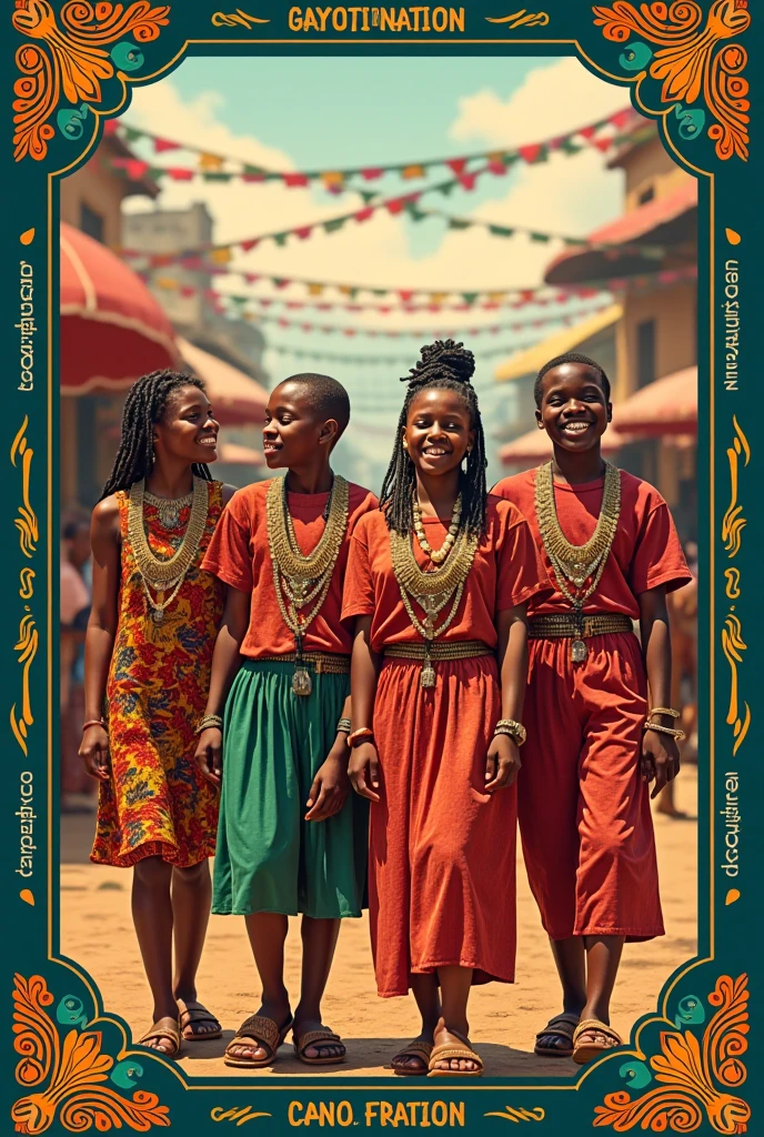 Creer une image dans la grande cour du centre culturel Macumba,  01 mai fête kouzin zaka, des tables avec fruits et legumes, de très beaux decorations pour cette fete de couzin zaka. Les enfants âgés entre 10 et 18 ans, s'habilles en habits traditionnels, colliers, des  cheveux crepus, lisses.  Scène hautement coloré, camera 4d, très lumineux. La secrétaire SKET.M coordonne