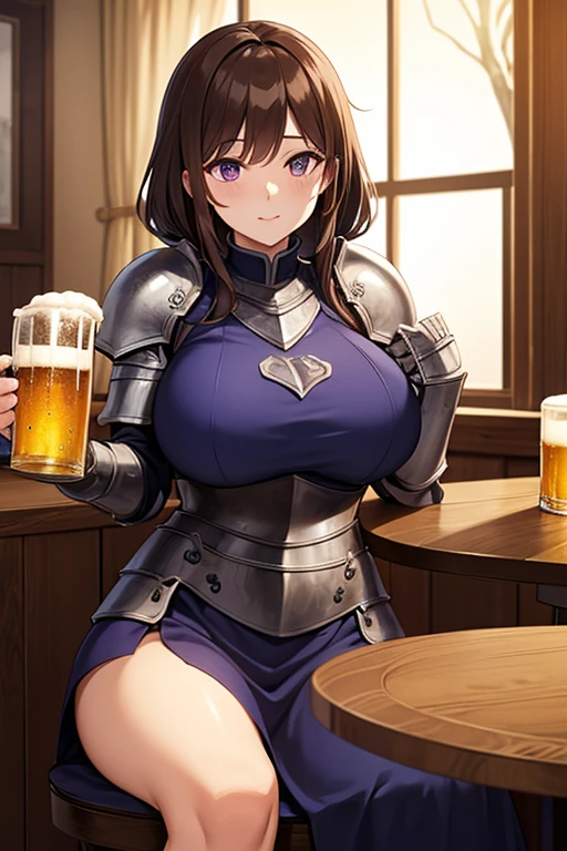 LeinaQuiron woman, breasts, blush, blue eyes, blonde hair, large breasts, cleavage, braid, hairband, armor, twin braids, side braid, short hair with long locks, buckle, shield BREAK (masterpiece, best quality:1.3), 4k, ultra-detailed, trending in pixiv, detailed background, detailed eyes, BREAK (in a medieval bar, surrounded by people:1.4), BREAK (cowboy shot, drunk, holding beer mug, raising mug, happy smile, ^ ^, closed eyes, :d:1.3), (light particles:1.2), (sweat, shiny skin:1.3)