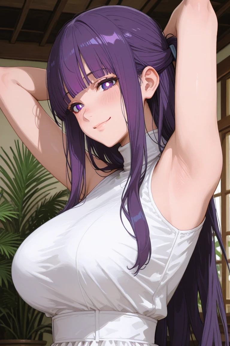 Anime, 1girl, solo, long_hair, purple_eyes, light_purple_hair, bare_shoulders, blushing, smile, upper_body, bangs, sidelocks, anime_coloring, white t-shirt, black thigh high socks, medium breasts, thick thighs, sexy pose, high res, best quality, masterpiece