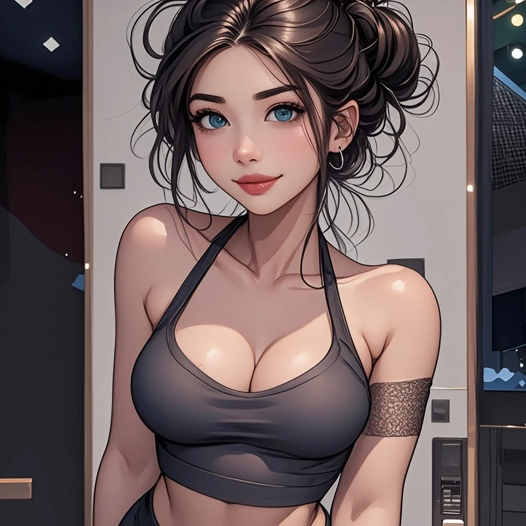 Full face portrait photo of a 23-year-old European girl, Lora style: 1.8, Best masterpiece: 1.8, Extremely detailed picture quality: 1.8, Photography Award: 1.8, 8k wallpaper: 1.8, Movie lighting: 1.8, Extremely detailed anatomy of the body: 1.8, Very detailed depiction of the face: 1.8, Delicate skin: 1.8, Full breasts: 1.8, Obvious muscle lines: 1.5, Red and black shorts: 1.8, Complete hands: 1.8 (body and fitness). cleavage, smirk, seductive smile