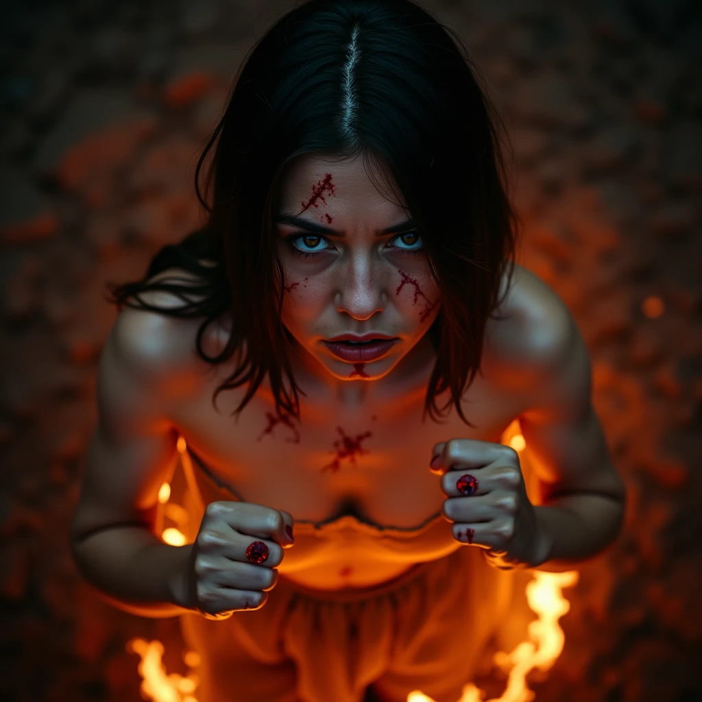 Undead sinner on her knees, forced oral sex, (oral rape:1.3), Sexual violence, hand on her head, holds her by the hair, (traces of beatings on her body:1.2), torn clothes, Sexual slavery, hellish torment, inferno