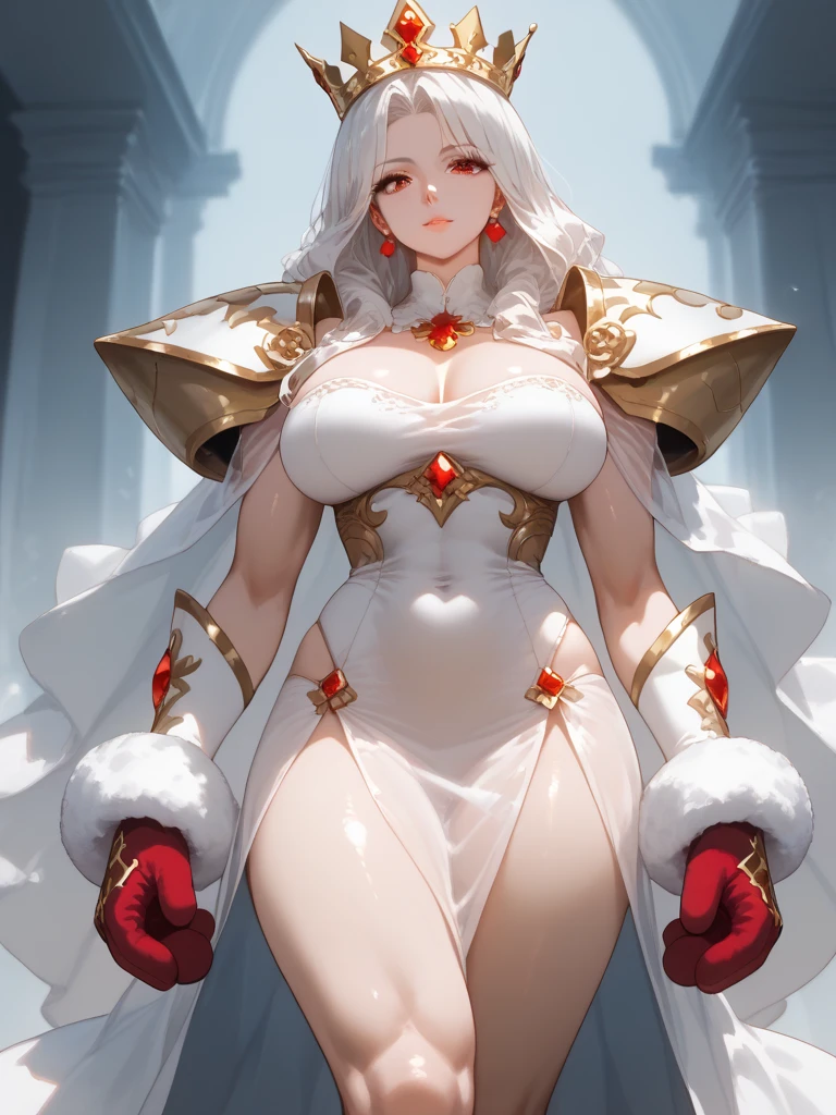 (best quality:1.5, highres, UHD, 4K, detailed lighting, shaders), white curly haired, gradient hair, large breasts, red suit, red social long pants, mature woman , (pov), white background, colorful eyeshadow, dramatic lighting, sparkling eyes, sensual expression, golden earrings, flowing hair, delicate facial features, soft skin, high cheekbones, urban setting, white background, symmetric picture