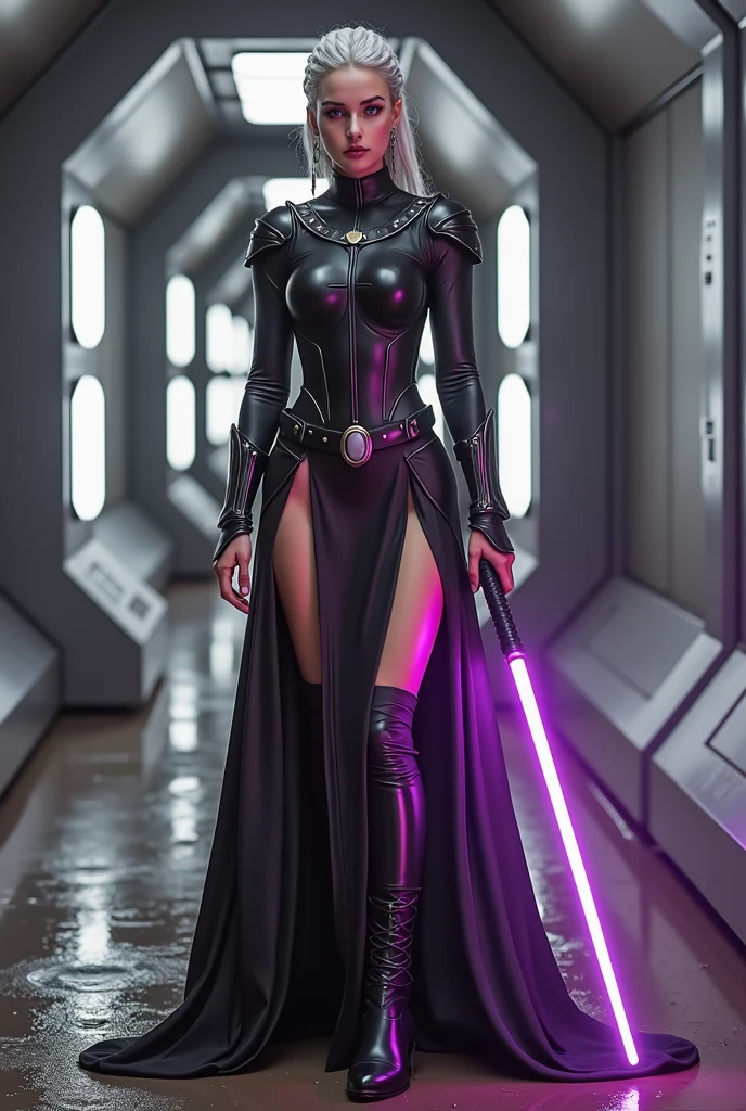(best quality,4k,8k,highres,masterpiece:1.2),ultra-detailed,(realistic,photorealistic,photo-realistic:1.37) latina, short hair, dark hair, wearing black latex, small black cape, wielding a laser sword, confident, seductive pose, full body, inside the death star, detailed eyes, detailed mouth, full length black latex gloves, combat stance, fighting pose, realistic lightsaber
