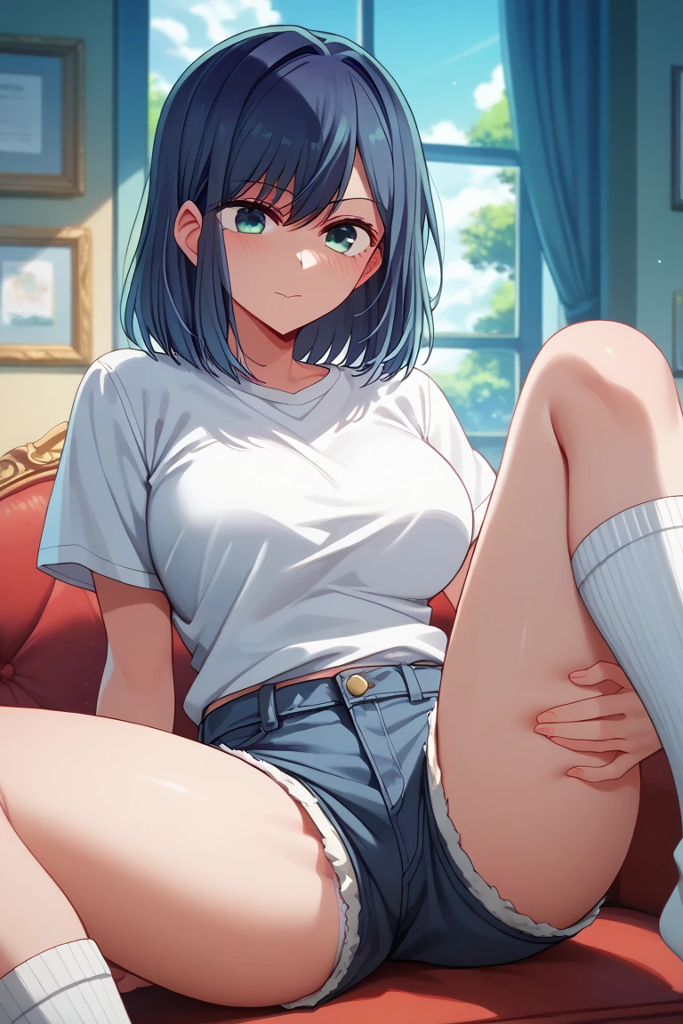 anime girl sitting on a green chair with her legs crossed, the anime girl is crouching, sitting in her room, sitting on the couch, seductive anime girl, sitting on a couch, sitting on the sofa, beautiful anime girl squatting, anime moe artstyle, sitting on couch, large thighs, casual pose, thighs!!!, sitting on a sofa