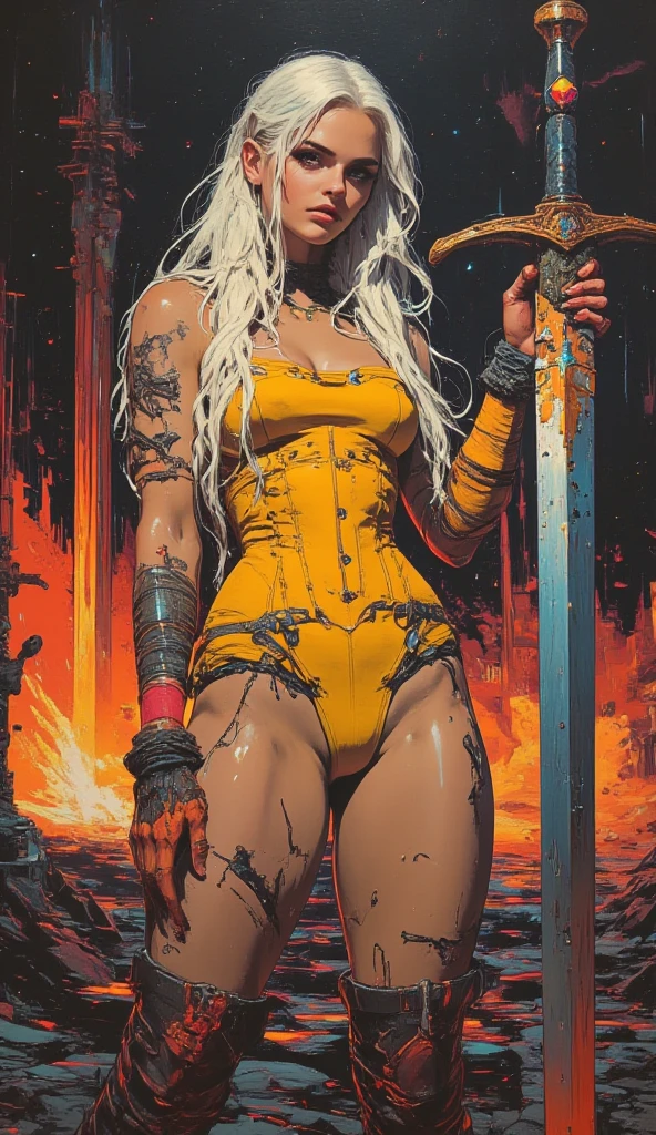 a beautiful lady,blond hair, Long Hair,muscle,anger, loincloth, In a cage, slave, Chained, good looking, Facial blemishes, Squeeze the face, Red eyes, Two hands, Tattoo on the forehead, many chains, Chained on neck, barefoot
