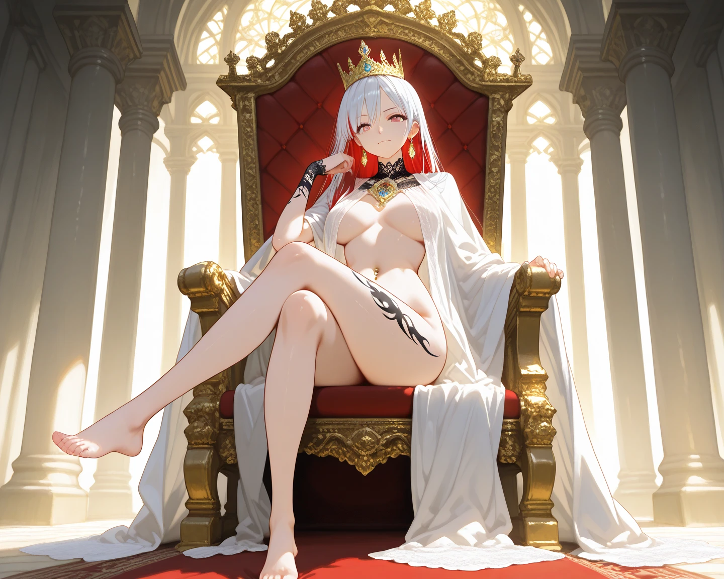 ((1 woman with penis, erect penis)),((with a cape on the back, with crown))),((medium breasts, bare breasts, erect breasts, grasping breasts)),((short white hair)), ((red eyes, calm face)),((sitting on a golden throne, sitting backwards, right leg over left leg)),((in an evil haunted castle, at night)),((1 arm behind the back )),