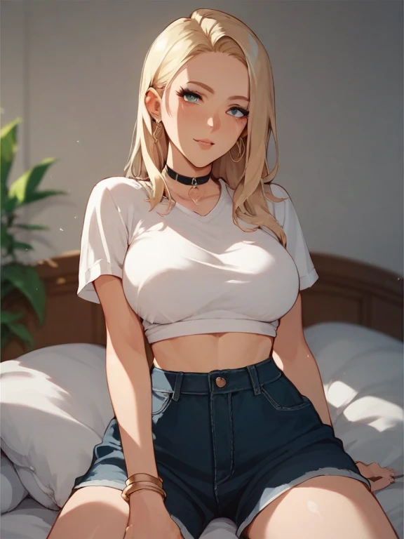 work of art, best qualityer, high resolution, kashiwazaki sena, borboleta_body hair_ornament, blonde body hair, long body hair, breasts big, water eyes, 1 girl, standing alone, bangss,top cut, short jeans, cowboy shot, ssmile, pose sexy, bed-in, bed-inroom, pillow, window, sitting down, sitting down on bed-in, gazing_phi_viewer, neckleace, wide breasts, sensual perfect body