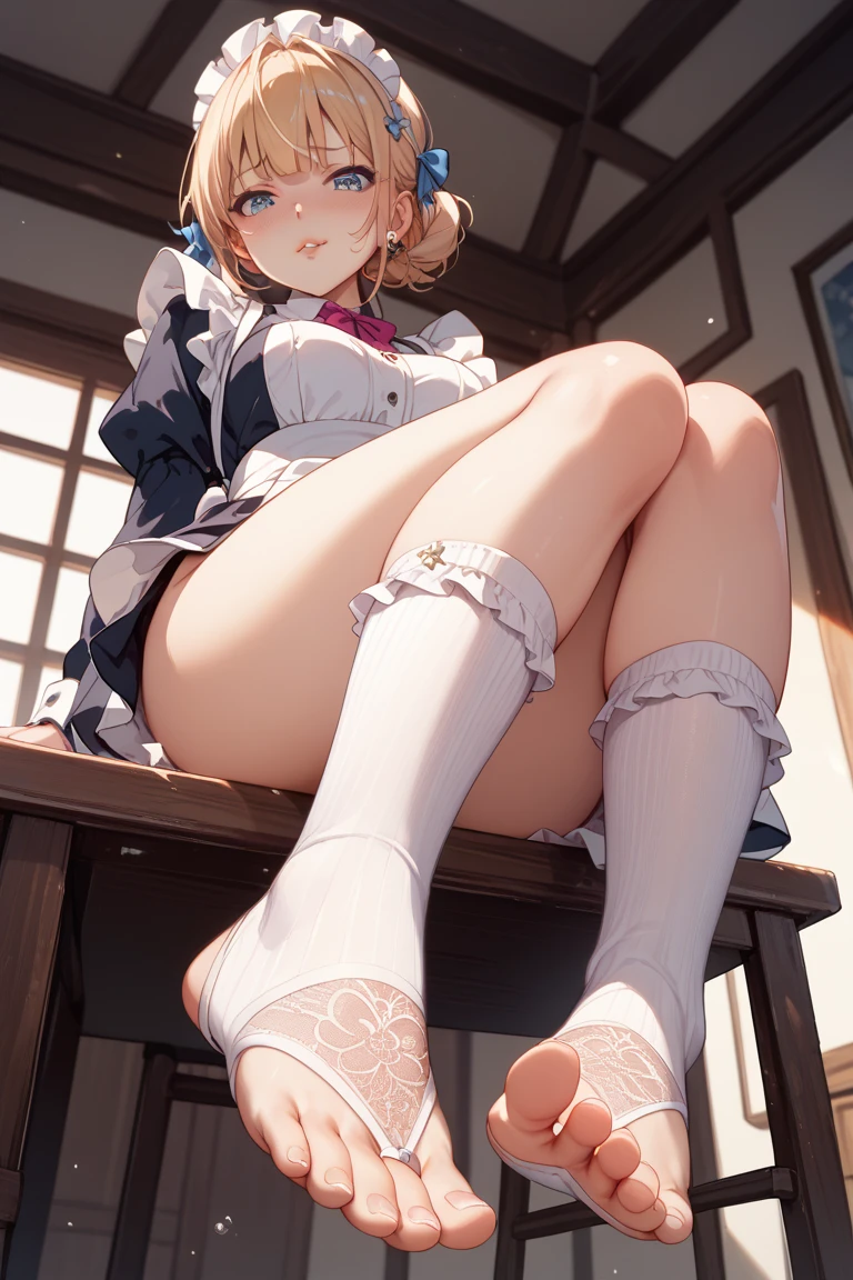 (((Round face))), Droopy eyes, smile, Mr.々Feminine casual dress with a simple pattern, (Squat down and spread your legs, Self-pleasure, Highly detailed, realistic textured panties), Strong sunlight, Braiding, Old Fashion, Angle from below,