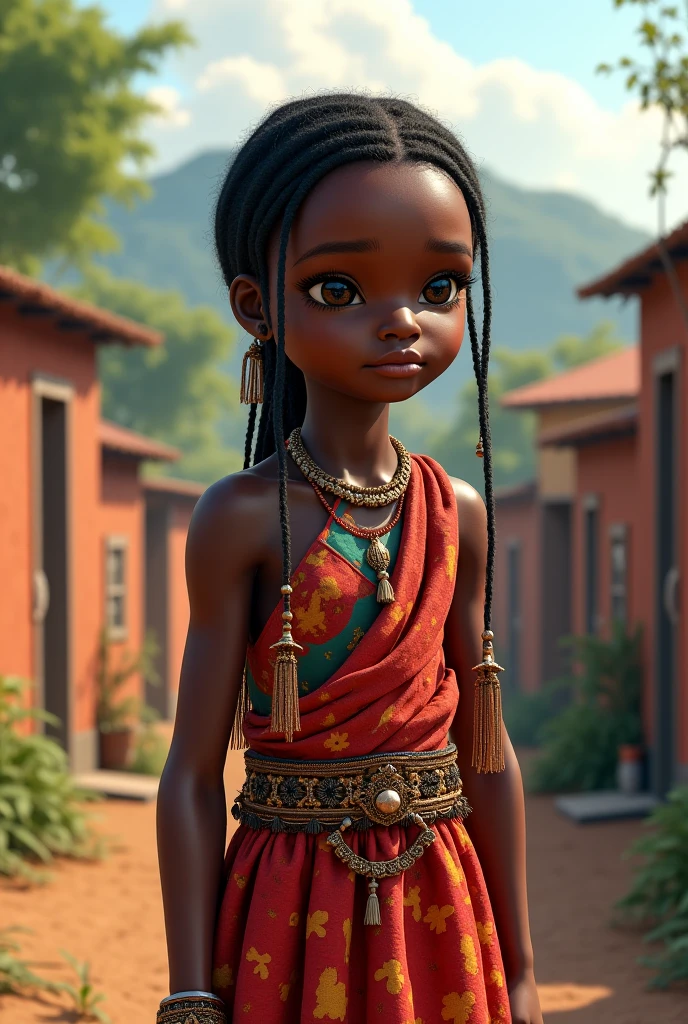 style: Remi Realista Generates an Afro-Mexican girl with heterochromia (black eye black and the left one silver). His name is Miquitzin. Black hair with a subtle silver color that stands out in the sun and wind, curly to the ankles. light brown skin. Height 1.39 metro. slightly wide hips. slim build, subtly athletic flat physique. Shy and respectful expression. CLOTHES: A small poncho that covers him up to a little above his waist, It is handcrafted with blanket-type fabric. The entire outfit features intricate and colorful embroidery of Aztec symbols., Zapotecs and Mayans. Black high heel sandals. Silver bracelets on both arms and a white leather bracelet on the right ankle. Large necklace on the neck with the Aztec symbol Ollin combined with the Ehecatl symbol engraved on it, The symbols will be painted in black colors, red, blue and green. scenery: in front of a military building from the 1940s, The walls and columns are decorated with simple murals of Aztec culture., Mayan and Zapotec. On his right side, In the background you can see a hasta, The flag of Cuitláhuac is waving in it. Soldiers can be seen carrying out different activities. pose: Miquitzin is standing in front of the camera with her legs slightly apart, feet turning subtly inwards, hands on the sides. Extras: wide shot image, She has hair ornaments that simulate radars and radio antennas of an aircraft carrier., The atmosphere in the image should be relaxed and casual, largely representing the style of photographic shots during the Second World War. 