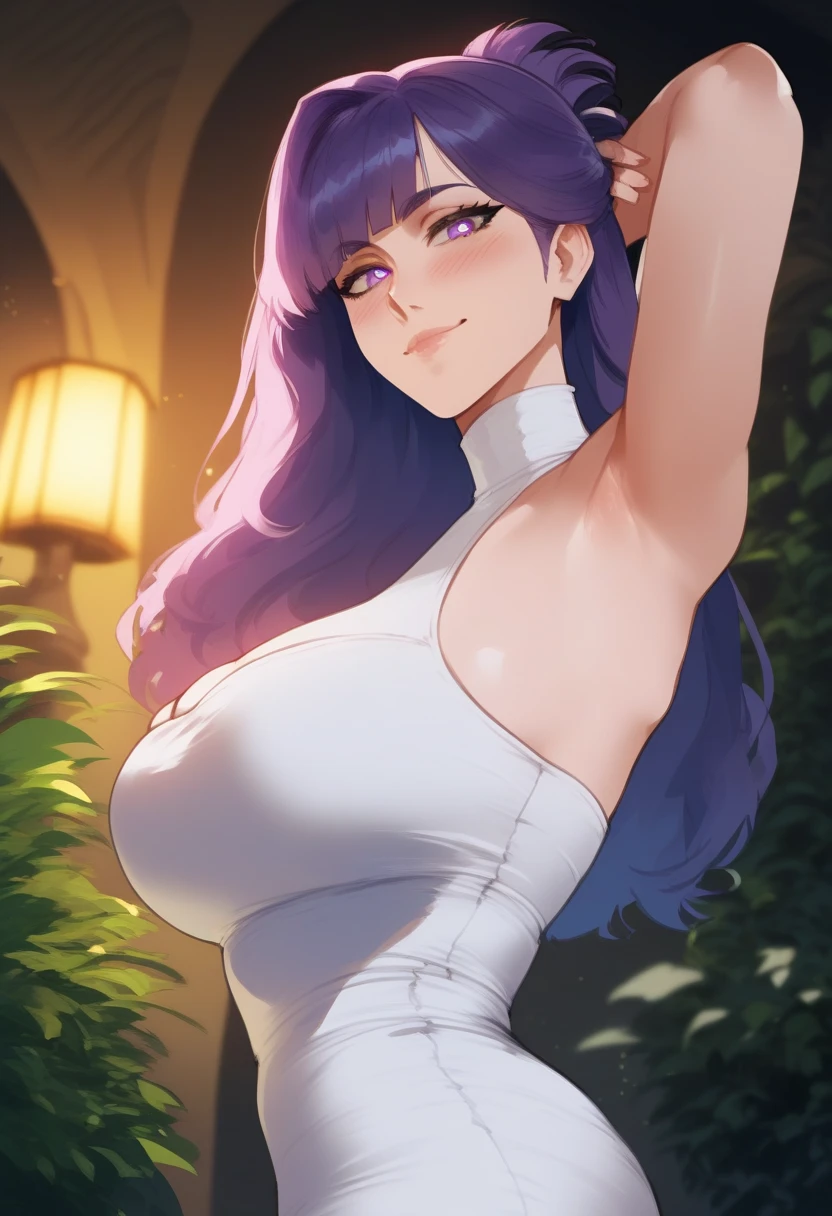 masterpiece, best quality, very aesthetic, absurdres, 1girl, _lady,1girl,naked_, covered_nipples,,raogun,raiden_shogun (genshin impact), dark purple hair, long hair, single braid, hair ornament, purple eyes,,grasses and flowers,gorgeous Fireworks in sky,