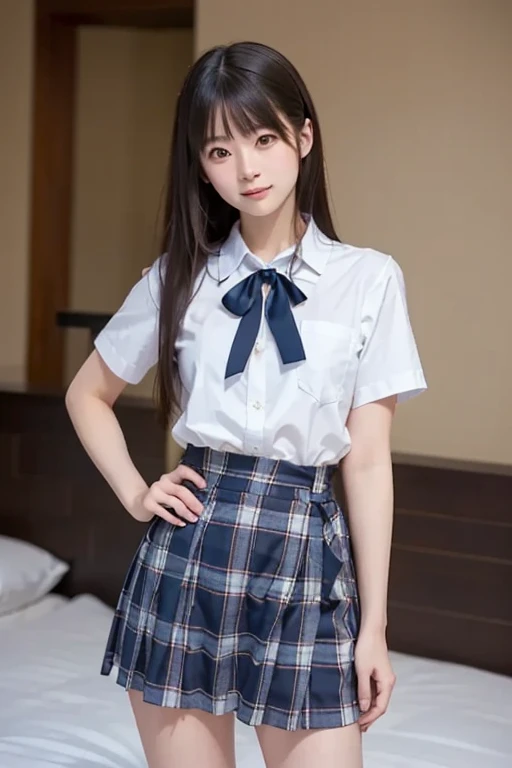 ((highest quality, 8K, masterpiece :1.3)), Photorealistic、Ultra-high resolution、Natural skin texture、Hyperrealism、Photograph from the knee up、12 year old beautiful Japanese girl、Large breasts、White collared shirt and tie、Checkered mini skirt、Serious expression、Pain and gasping