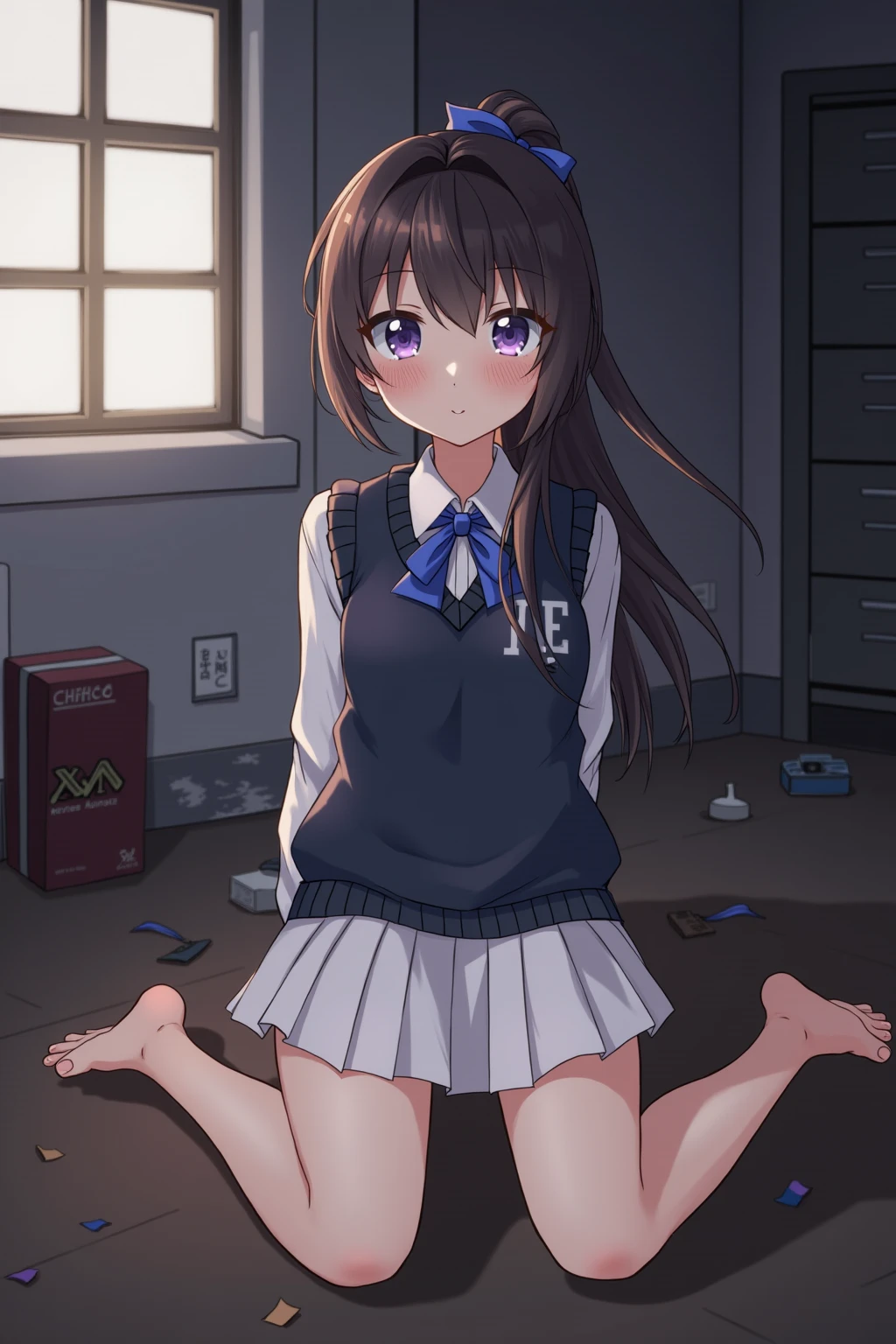 nsfw, (1girl, 1boy), (men and women stand side by side), breasts, thighhighs, navel, sweat, smile, skindentation, white thighhighs, collarbone, looking at viewer, cowboy shot, bangs, look at each other, thighs, blush, medium breasts, lace choker,
bbmegumi, short hair, (love juice, pussy juice), braless,highly detailed skin, highly detailed face, (beautiful detailed eyes, the girl smiles, red cheeks), (One girl is standing), The girl is a cute 18-year-old tennis player, ((no panties, beautiful pussy)), (Not wearing a bra, small breasts, The shape of the nipples can be seen through the clothing), ((Tennis Shoes)), The girl has a toned body, white tennis wear, pleated skirt for tennis, sweaty hair and body, Wipe your sweat with a wristband, Tennis court, ((Photographed from the front so that the girl's whole body is included)), flowing sweat,
detailed eyes, Perfect features, Tennis court, knees up, sit on the floor, put your hands behind your head,
(masterpeace, best quality, good quality:1.4), masterpeace, intricate details, hetero, faceless male, solo focus,boy sandwich,closely