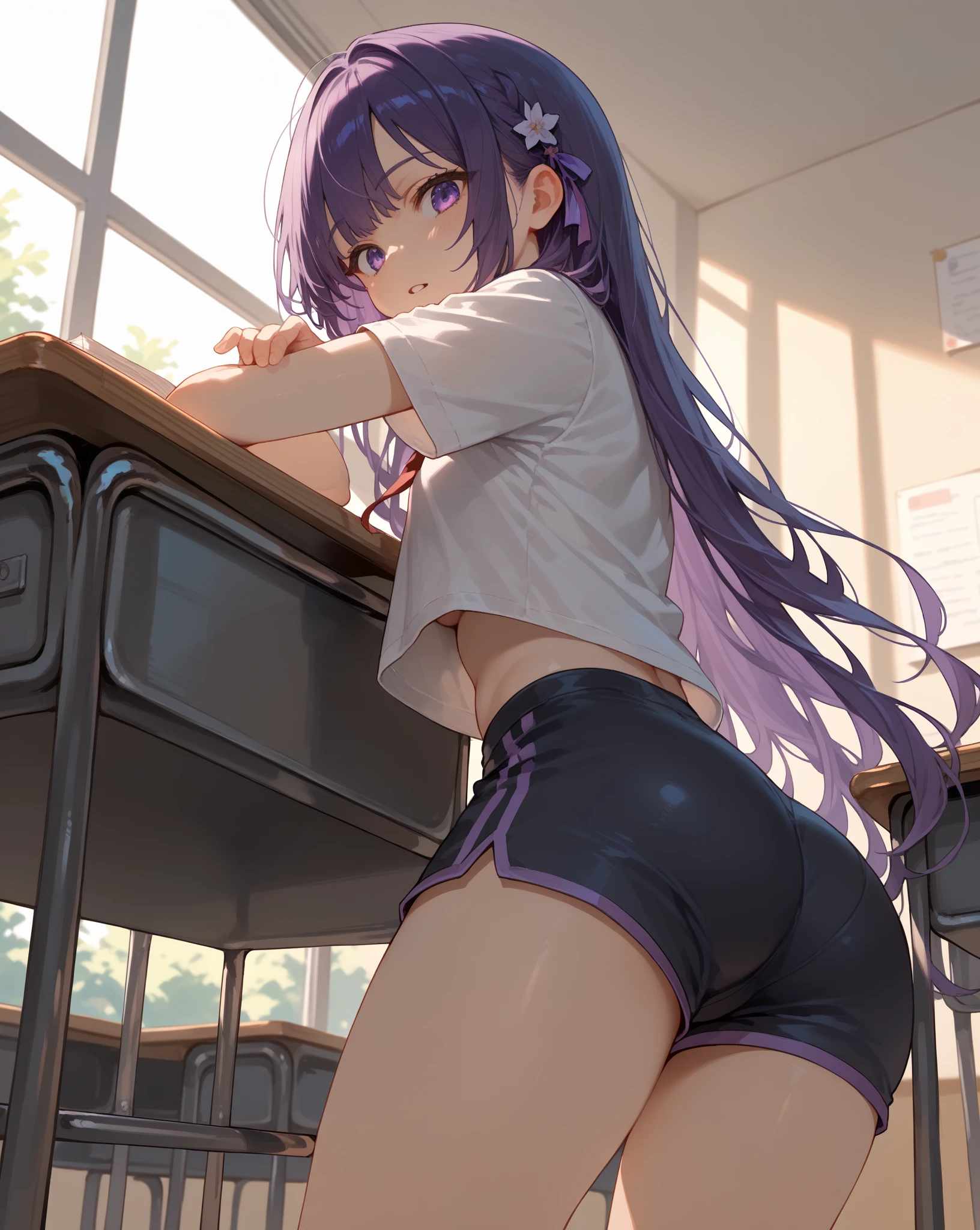 Glasses、back view、Tank top、mini skirt、(((Panty shot)))、、beautiful girl magician、purple hair long、((whole body))、(((photo taken from below)))、indoor