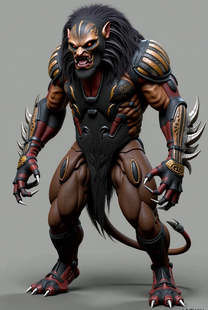 Create a very strong being, with long hair all over its body, more than 250 centimeters tall, with large teeth, an exaggerated mouth and yellow eyes.