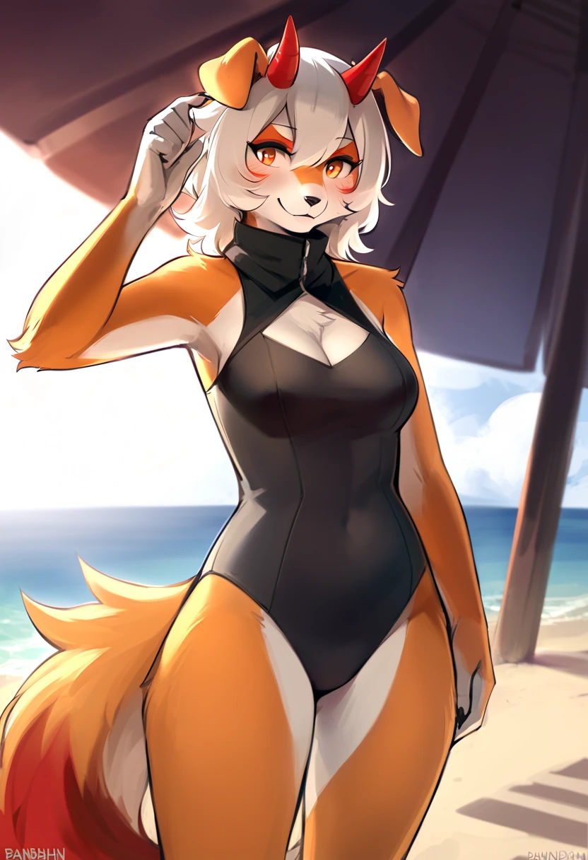 Furry girl, panda bear, white hair, rect bangs, medium hair, furry female, panda body fur, white body fur, black body fur, medium breasts, looking at viewer, hazel eyes, full body, standing, ((red bikini)), :3, hands on hips, paw pads, from behind, feets with three toes, 3 toes, beach, clear sky, detailed body fur, detailed face, detailed eyes, glistering body, shiny body, gorgeous body, skinny,