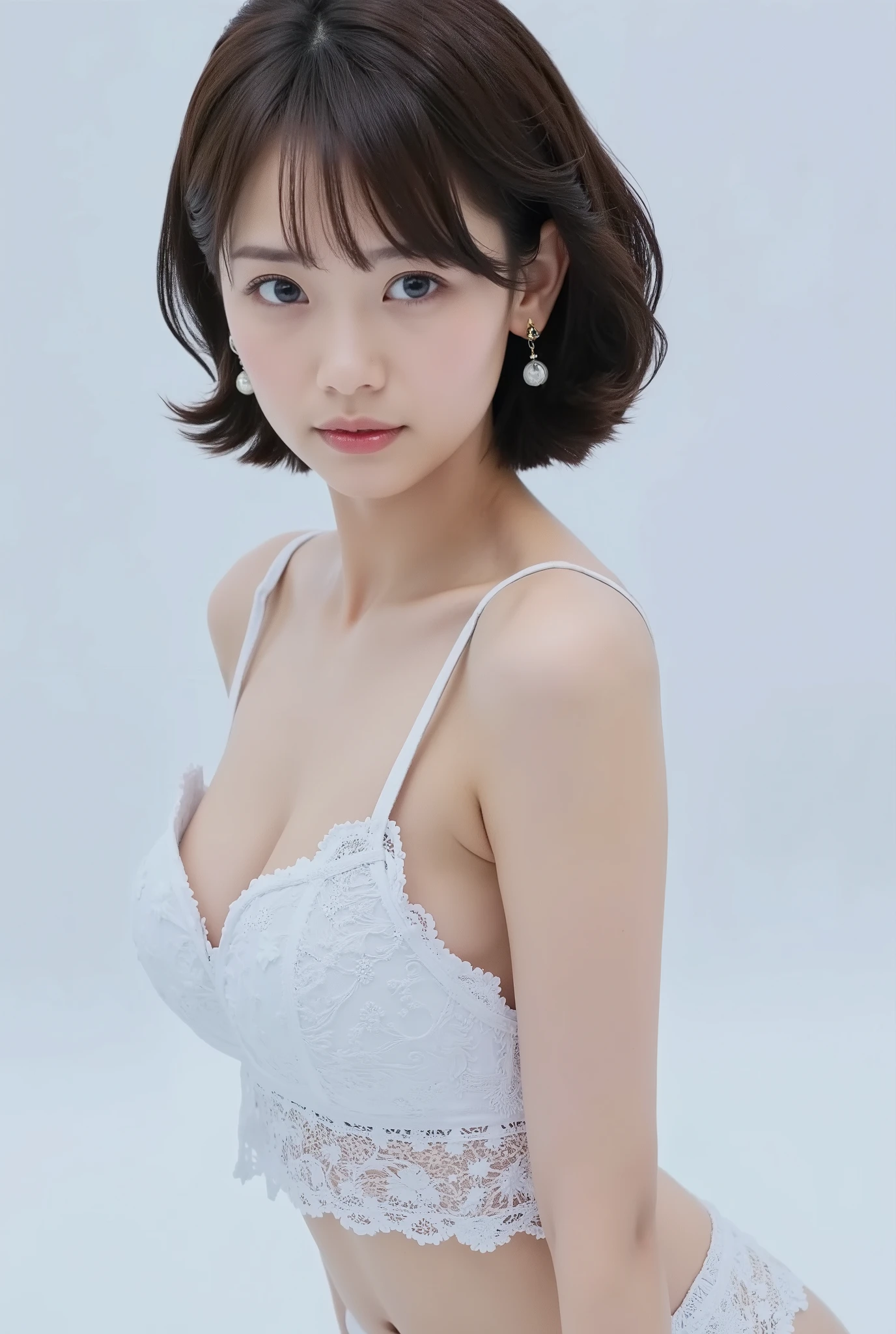 ,(((highest quality, 8k, masterpiece))), Sharp focus, (Beautiful woman with perfect body), thin, Cinema Lighting、perfection、Soft Light、High Resolution Skins:1.3、Realistic skin texture、30 year old mature woman、Small face、No makeup、short hair、Dark brown hair、Beautiful eyes in every detail、Bust B cup、Wearing a pendant、Slim figure、Gray background、