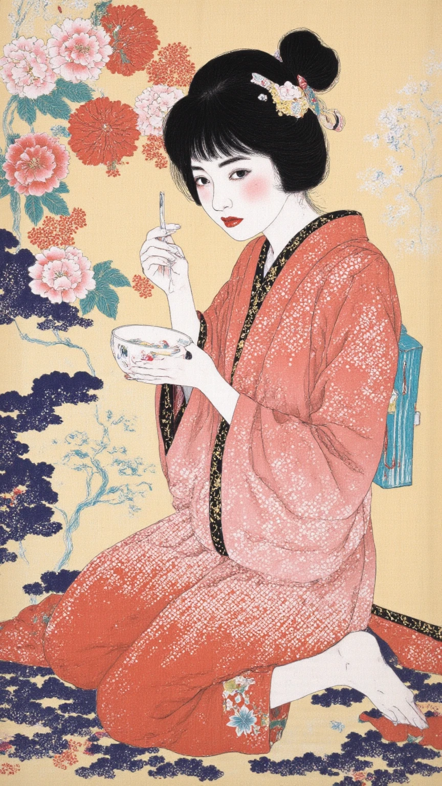 ukiyoe painting、Beautiful fresh flowers on the background of the red room、Woman in pink embroidered kimono、On a blue tablecloth table、Croissants and、Waffles and、Cakes and donuts、salad、macha、black tea、sandwich、tea、candy、wagashi、Pastry、Enjoying modern coffee and other items、masterpiece