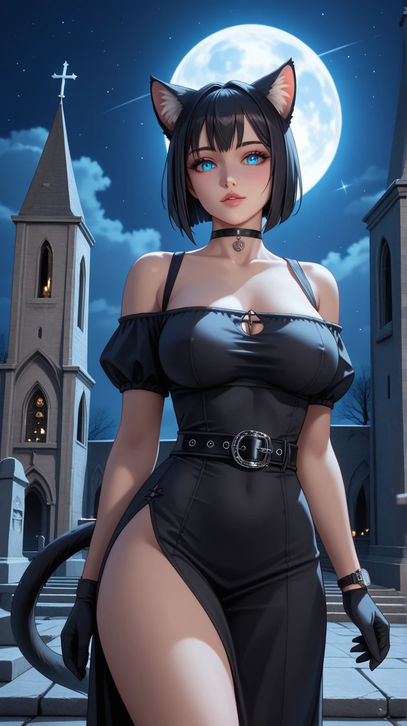 ((Best quality)), ((masterpiece)), 8k (detailed), ((perfect face)), perfect proporcions, ((halfbody)) he is a handsome vampire, he is 18 years old, he has black hair, gothic clothes, corset, bare chest, he extends his arms to his sides, he walks forward, there is a full moon behind him,There is a cemetery behind him ((perfect face)) ((vampire ambience)) night sky