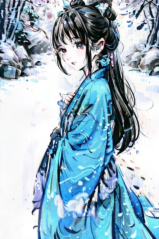 ((4K,masterpiece,Highest quality)), Shui Movissim, Traditional Chinese Ink Painting, Lotus,  Hanfu, Maxi Kit, A girl dressed modestly, alone, Long Blue Hair, smile, Are standing, Soak your feet in water, barefoot,
 