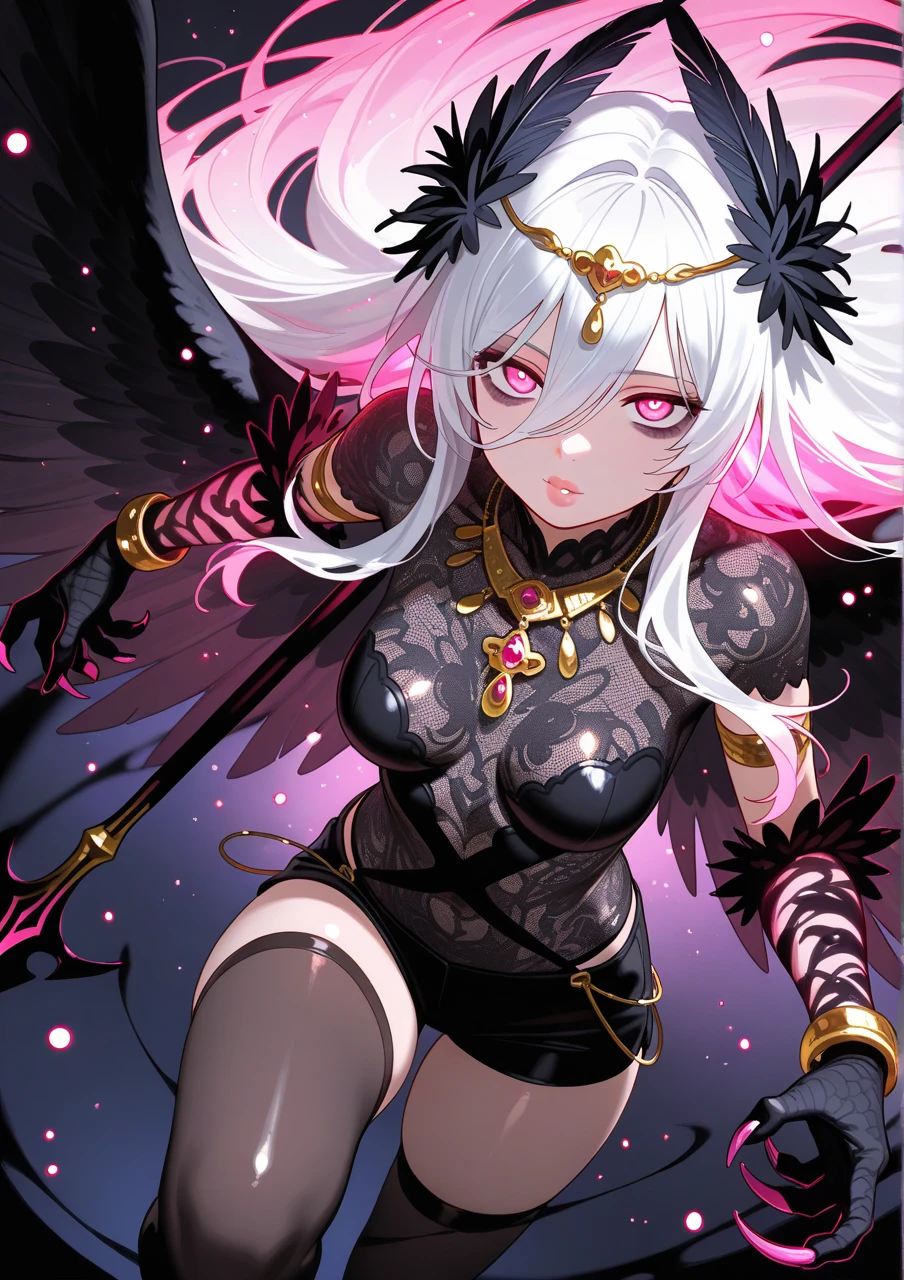 1girl, anime, cute girl, blank background, white background, fantasy, detailed fantasy dress with highlights, beautiful face, beautiful eyes, dark colors, pink hair with some streaks of blue strands, different color pupil in eye, medium small breasts (slightly big), slight cleavage, beautiful skin, cute, breast curtains, extremely delicate and beautiful, (beautiful detailed face:1.0), (detailed deep eyes), symmetrical breasts, deep eyes, shiny skin, portrait, slender waist, hips wider than shoulders, thighs, expressionless, young girl, luminous eyes, adorable,(Kpop idol),(aegyo sal:1),(Platinum blonde hair:1),((puffy eye)),Black panty,sexy posture,Superskirt, ultra high resolution,Black collar,slim figure, Abdominal y tattoo, womb tattoo,Tight-fitting leg ring,y tattoo on half-body,Bare skin, Armored hand,Hidden fingertips,Hand covered,Arm covered,Fist covered,{{beautiful detailed fingers}}, tufts of hair, moderate beautiful breast:1.0,