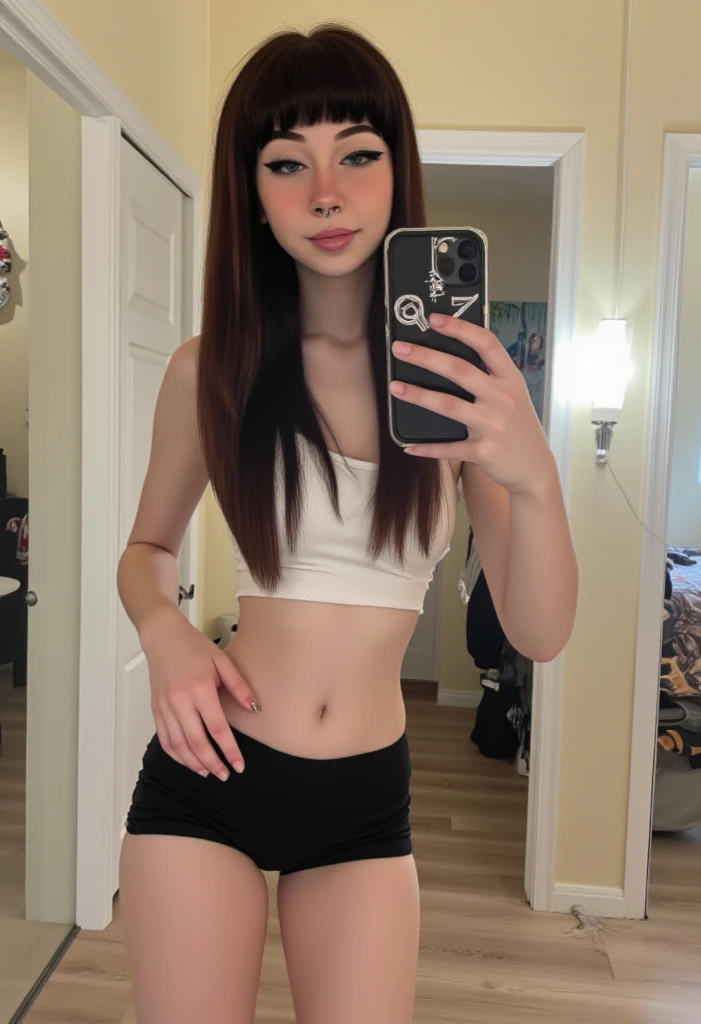 15 year old girl pale skin medium straight hair with black bangs and in a thong