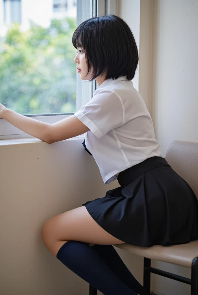 ((((((18-year-old))))))、(((beautiful girl)))、(((A beautiful woman)))、Beautiful woman、((Ultra-detailed face))、((Detailed lips))、((Detailed eyes))、((double eyelid))、(((Beautiful Face)))、(((Beautiful, well-shaped eyes)))、(((Beautiful, well-shaped lips)))、Very Short Hair、ponytail、Pixie cut、BREAK、、BREAK、((((((Wearing school uniform))))))、BREAK、8 heads、(((slender)))、(((Slim body)))、(((Thin body)))、(((Slim woman)))、(((Flat Chest:1.2)))、BREAK、Photographic quality、Natural light、(フォトRealistic:1.4)、(Highest quality:1.2)、(Ultra-high resolution:1.2)、、RAW Photos、Realistic、High Detail、Film Grain、Detail Skin、Symmetrical、Delicate skin、Real human skin、pores、Super detailed、Detailed、(masterpiece : 1.2)、Sharp Face、Small Face、Small face、Narrow shoulders、Small shoulders、Small shoulders幅、Slim shoulders、Narrow shoulders幅、((From the knee up))、Showing small breasts、(((She spreads her legs and shows her pussy)))、(((Leg spread)))、(arms behind back:1.0)、((((having sex))))、((Squirting))、((One person))