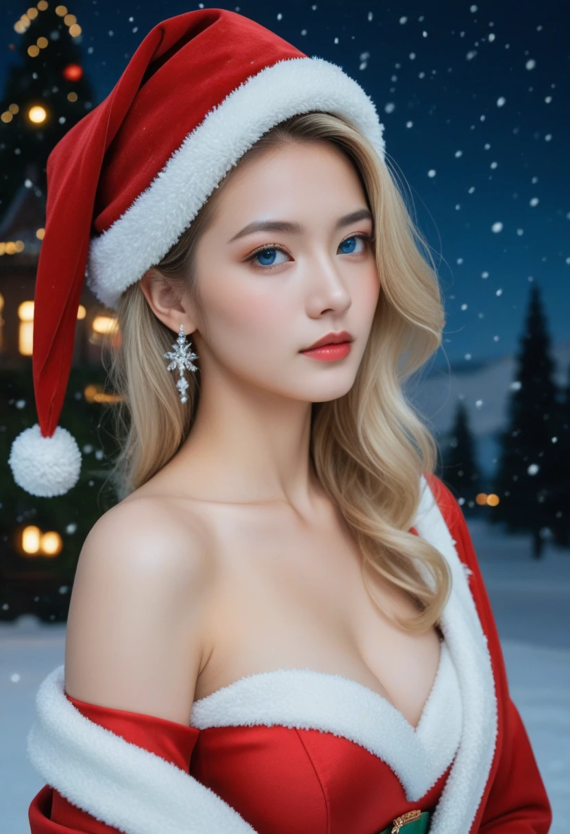 nipples exposed、Lori face、santa claus、a blond、Snow Santa performance at the ski resort、night game、Photorealistic images of solo idols, Morning Musume inspired by Eri Kamei, Radiates charm and beauty with plenty of bust and subtle exposure of cleavage. Images must reflect the real person at the highest quality possible, Powered by Ultra-HD (16 K) resolution, crisp detail, Vivid colors, Dynamic Range, Soft bokeh, Fine texture, Realistic realism, Pin Sharp Focus. 、Camera Setup 、Nikon D850 and NIKKOR Z 58mm Boobs Boobs Boobs Boobs F。/0.95 S Noct lens,  The setting must be ISO 64, F/0.95, a shutter speed of 1/60. --ar 16:9 - V5.1 --Style raw --Q 2 --S 750