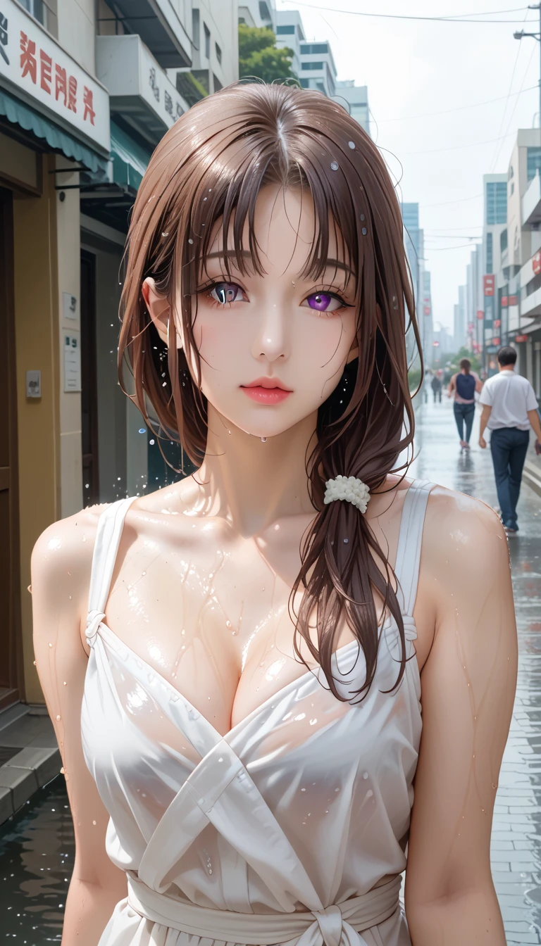 masterpiece, best quality, very detailed, high resolution, expensive resolution, high resolution, 4K, 8k, Unity 8k wallpaper, highly detailed CG, masterpiece, 2D, 3D, beautiful details, depth, fine texture, best quality: 1.3, perfect focus, crisp skin, him,rain, wet, wet closhes : 1.2
very cute anime girl, (bra showing through white blouse soaked in pouring rain), large breasts, expensive brown hair , one girl, rain, (raindrops dripping from soaked hair, bra showing through thin blouse soaked in rain), mole under eye, looking at viewer, expensive, blush, mole, open lips, heart, pink eyes, choker white transparent bra