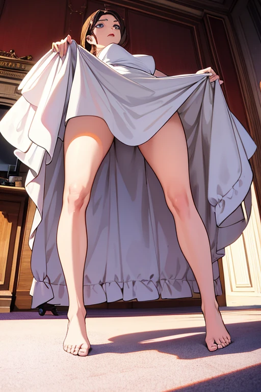 a standing woman. yaoyorozu momo, white cocktail dress, short dress, strapless, medium breasts, Back, showing underwear, raised dress, red lace thong, spread legs, medium glutes, whole body, perfect body, perfect legs, perfect arms, perfect hands, perfect feet, Masterpiece, Super High Resolution, evening, lobby, pose sexy, view from the ground