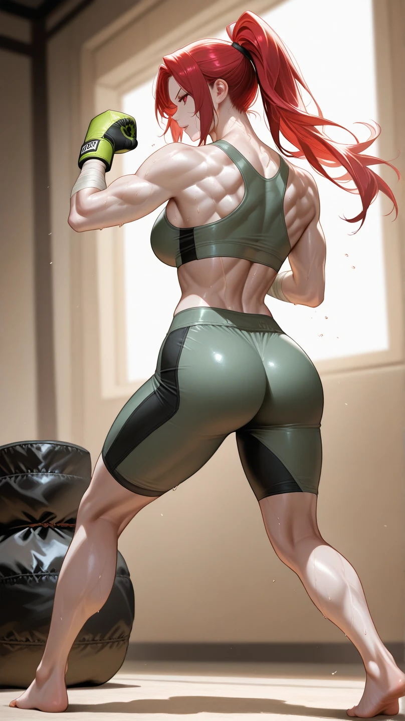 (Muscular:1.9), (thick thighs:1.9),
long orange-red hair, green eyes, confident expression, pale skin,
eyeshadow, earrings,
detailed eyes, (big smile), detailed skin,
small breasts, hard nipples,
(black crop top, black gloves, brown belt, green cargo pants),
(upper body view:1.4), looking at viewer, three quarter view,
dark studio, rim lighting, two tone lighting, dimly lit, bokeh