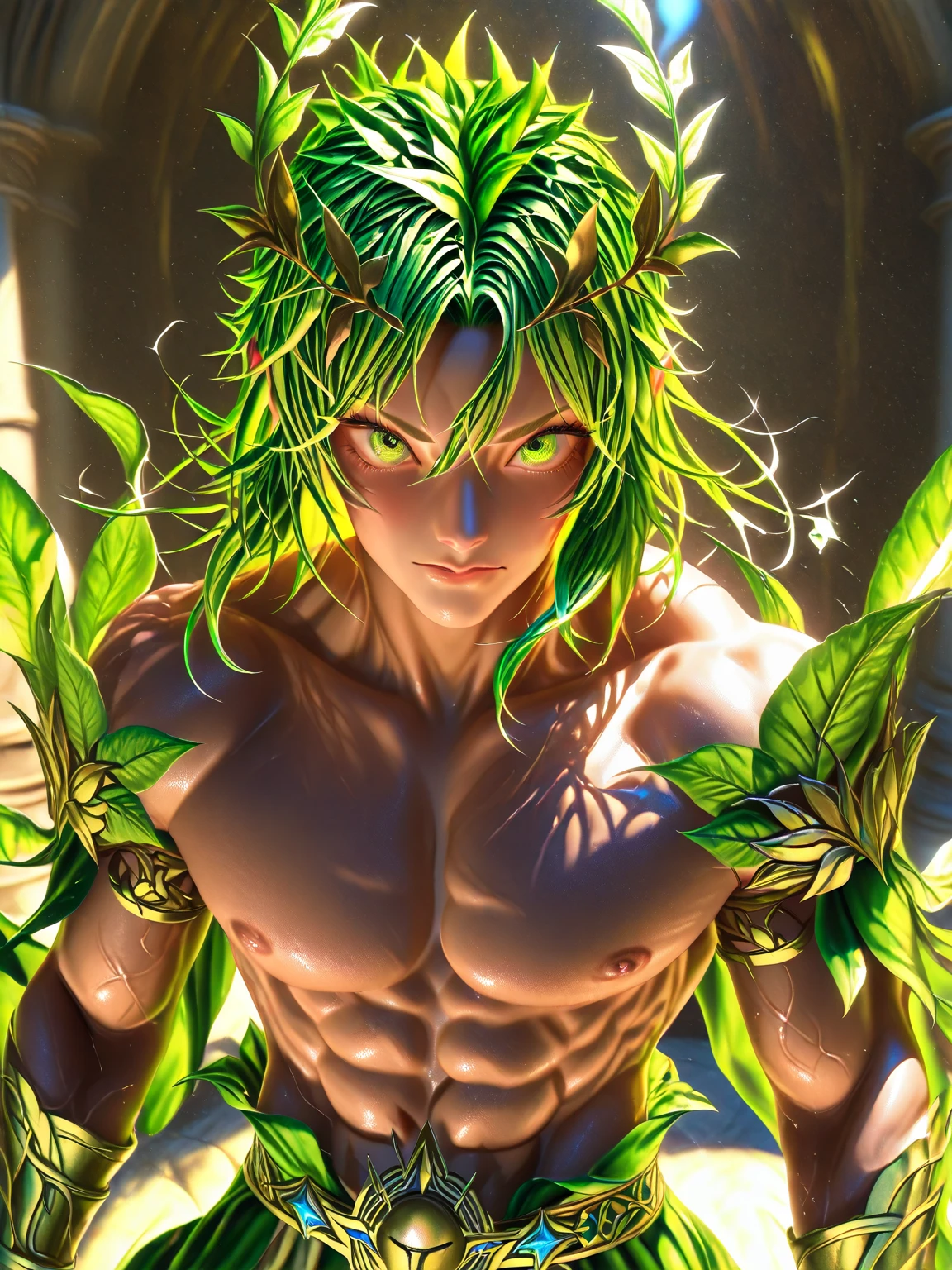 (((intricate design))) (((top quality))) (((16K))) (((High Definition))) 16K splash art, dark shadows, (((photorealistic))) high-res, ultra sharp, ((masterpiece)), the best quality, expressive eyes, perfect face, (((druid outfit))) Super eyes, perfectly detailed anatomy (((Volumetric lighting))) (((cinematic lights))) (((1Male))) (((Bodybuilder))), (((muscular))), (((body blushing))) (((big pecs))) (((bulge))) there is a sexy mature man with green paint on his body, slick shaved sides hairstyle, ((thighs)) bodily fluids, round butt, green coloured skin, green skin! (((green coloured skin!!))), (((green skin))). (((green-skinned))), (((mesh robes))) ((green skin with scales)), ((green skin)), windy, (((cave background))), (((greenish skin))) plantation on the male body, windy, leaves falling (((a powerful nature deity))), elf ears, druid magic, swirling magic, cell-shaded adult animation, gem necklace, hot reptile muscular humanoid man, muscular green body. Hazel eyes, glowing veins, nature spirit, long sash, gem staff
