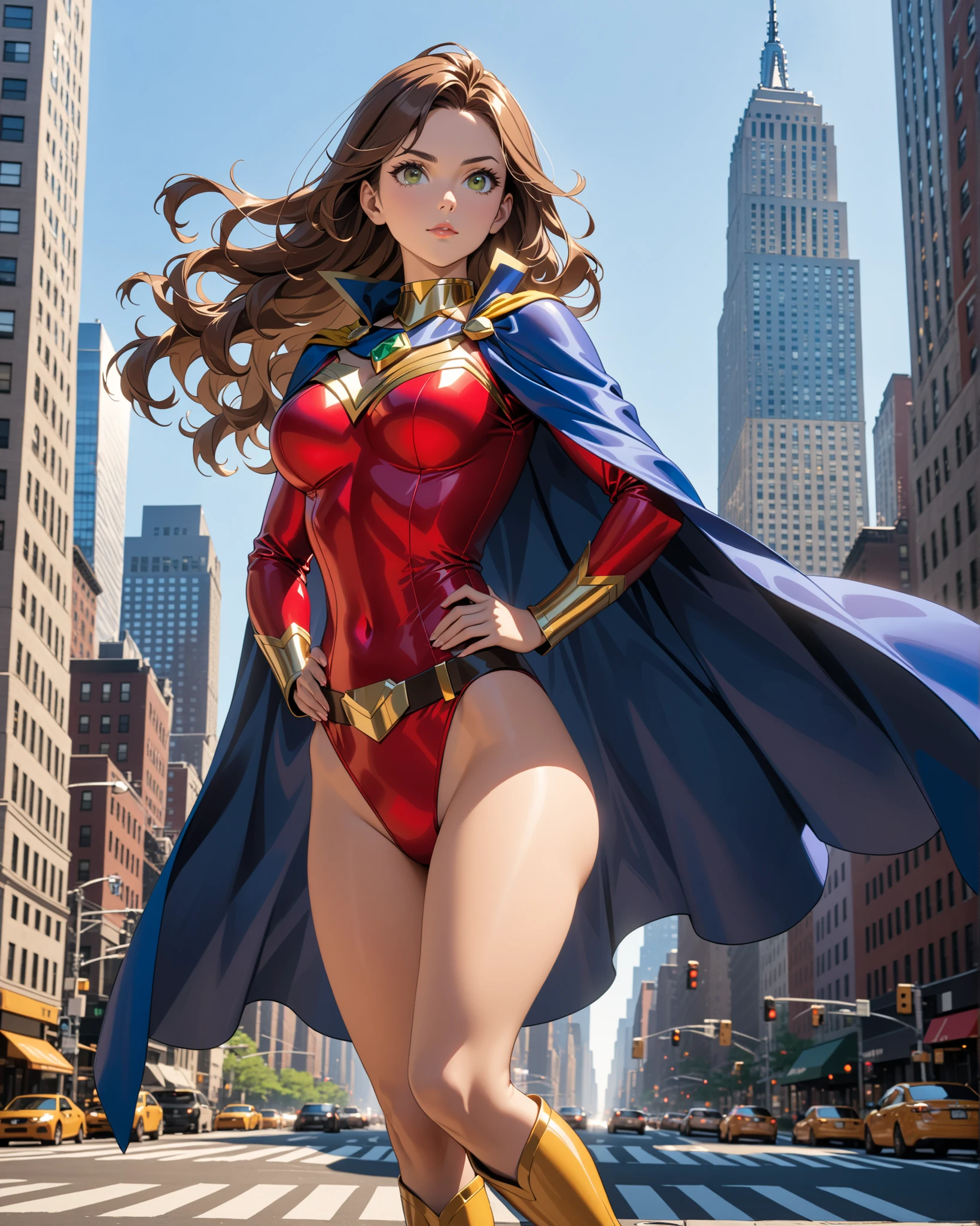 ((best quality)), ((masterpiece)), ((ultra realistic)), american, beautiful detailed face, detailed eyes, sexy reporter, dressed in a red leotard, new york city backdrop, highly detailed, professional, bare legs, (full body), hands on hip, standing, brown hair, medium hair, green eyes, matching boots, long sleeves, yellow hawk-shaped crest engraved on chest, blue cape,
