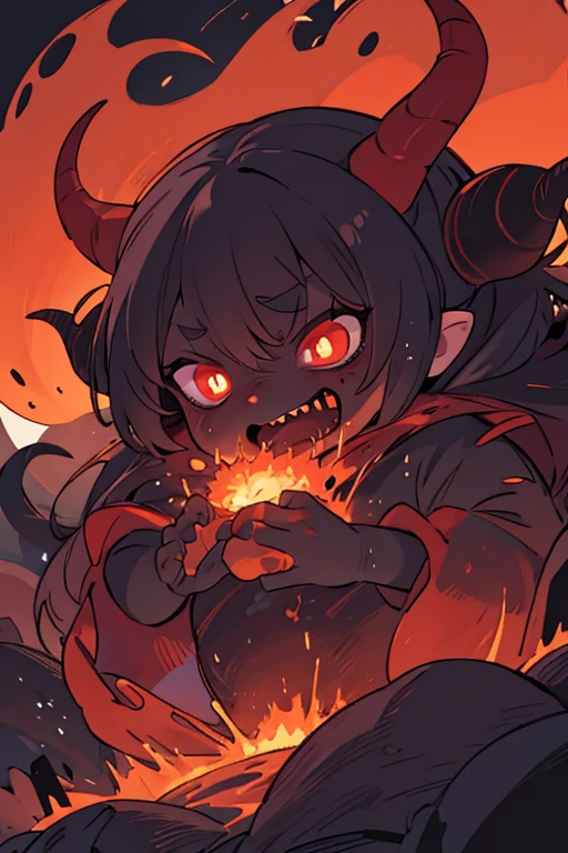 Masterpiece, ultra detailed, best quality, illustration, cinematic lights,dark ,dark ambient , no humans , demon , laughing , portal from hell in background , full body , horns , fire demon , devil