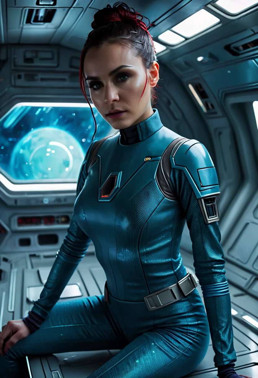 best quality, masterpiece,hyper realistic,(high_resolution:1.2),(sharp focus on 1girl with beauty face,  amiral of the spaceship ,seating in cockpit spaceship, kallen pilot suit, straps, sexy uniform suit, harness with  germany army heroin, cinematic down light, ((futuristic pilot helmet with visor)), cyberhelmetDepht of field background , tiny spaceship, high detail, sexy anatomy, human curves, expressive face, amused mood, looking at us,  action, cinematic, spacesuit, shirtlift