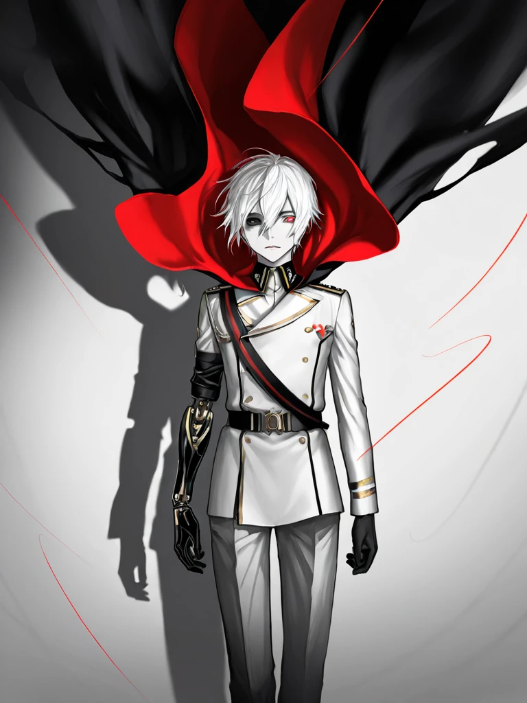 1boy, glowing red mechanical eyes, white hair, masterpiece, HD, vibrant, horror, full body view, blood over mouth, grin, black trench coat, peaked general cap, wolf ears