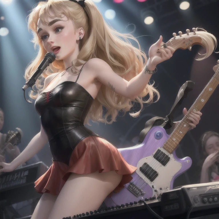 (highest quality:1.2, Very detailed, up to date, Vibrant, Ultra-high resolution, High Contrast, masterpiece:1.2, highest quality, Best aesthetics), Portraiture、girl、slim, stage、performance、Rock Music、Bright colors、Beautiful fine details、Beautiful lip detail、extra short hair, ((wavy hair:1.3))、messy hair, blonde and blue ((streaked hair:1.5)), highlights hair: 1.3, middium breast, (tan skin:1.3), Music band、(powerful pose:1)、Cheerful pose, Concert Light、Edgy Style、black tank top、((Dynamic Movement:1))、hypnotic sounds、Stadium、amplifier、Loud music、Electric bass、((playing bass:1.3)), Fender bass, (mike stand:1), Powerful vocals、Passionate performance、Sparkling stage、Concert atmosphere、Music Festival、Full of emotion、Rock star attitude、Resolute expression、Avid Fan、The presence of an attractive stage、 Expressive gestures、Rock star aura、An exciting atmosphere、Sing with all your heart、An unforgettable show, ((full body:1.5)),