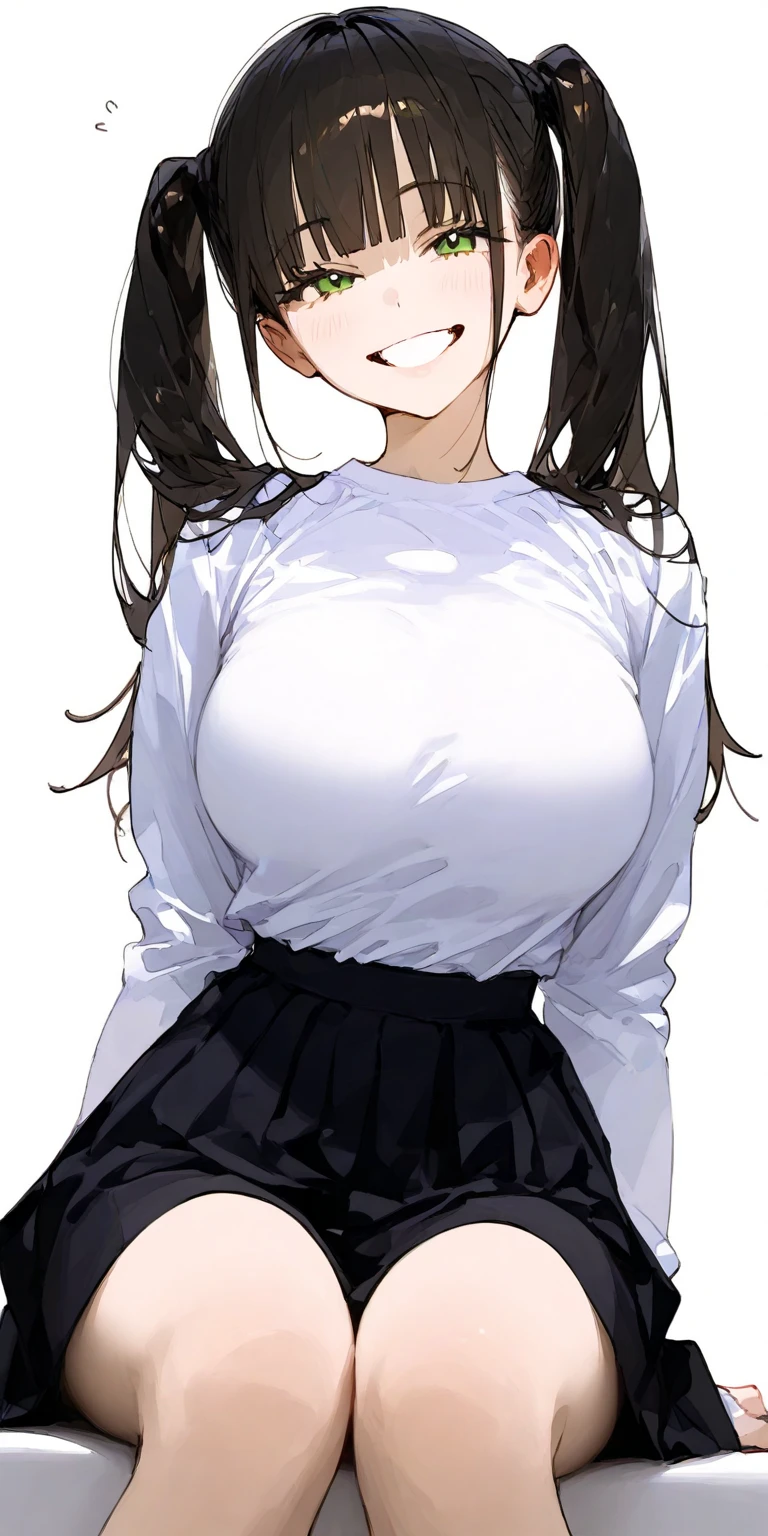 ((1girl)), black hair, extremely long hair, yellow eyes, ((muscular)), huge breasts, thick thighs, solo, angry, (pale skin), cowboy shot, (school uniform) (huge breasts)