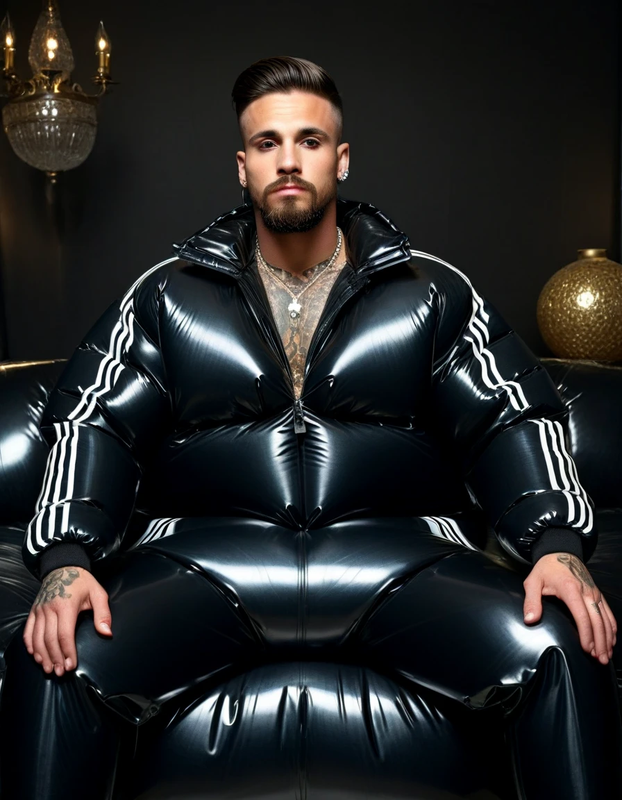 full view one chubby fat young white european guy with brown undercut haircut, wearing black leather biker jacket , black leather pants, silver metalic socks, No Shoes, dozens of silver chunky chains, bracelets, dozens of big silver rings, many massive 'D&G' silver watches, silver metalic nails, resting in his socks on his bed in a luxurious modern stylist bedroom, he's listening music, soft lightening