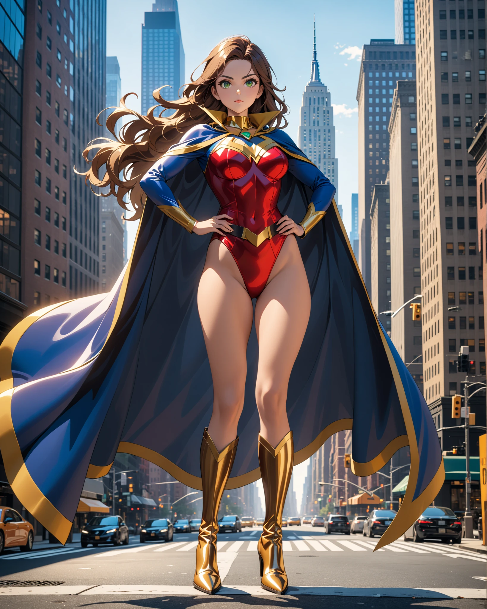 (masterpiece), (best quality), (high res), 1lady, tall body, highly detailed, professional, beautiful detailed eyes, beautiful detailed face, perfect hands, complete fingers, perfect anatomy, perfect proportions, ((brown hair, medium hair, hair down)), ((green eyes)), ((leotard, (red leotard), matching leotard)), (bare legs), (boots, matching boots, knee-high boots, yellow boots), breasts, medium breasts, (full body portrait), looking at viewer, solo, solo focus, standing, one hand on hip, cowboy shot, new york backdrop, ((fastened tight belt)), (blue sleeves, yellow cuffs), ((yellow hawk/(symbol/)) on chest), ((medium cape, (blue cape))), full body costume design.